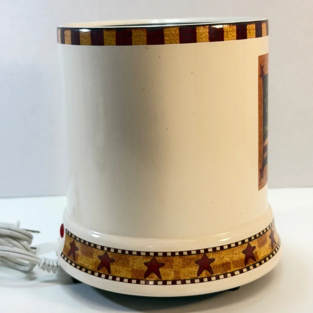 Candle Warmer Set Cream Americana God Bless Our Home 2pc Primative Farmhouse